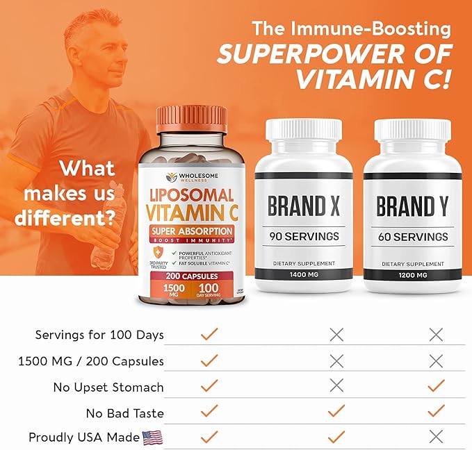 Wholesome Wellness Liposomal Vitamin C Capsules (200 Pills 1500mg Buffered) High Absorption, Immune System & Collagen Booster, High Dose Fat Soluble Immunity Support Ascorbic Acid, Natural Vegan
