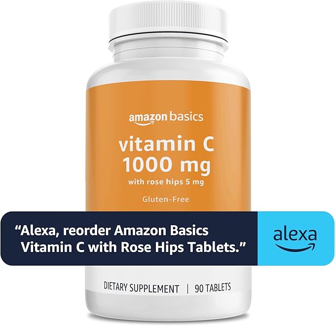 Amazon Basics - Vitamin C, 1000 mg with Rose Hips 5mg, 90 tablets (1 per serving), Gluten Free