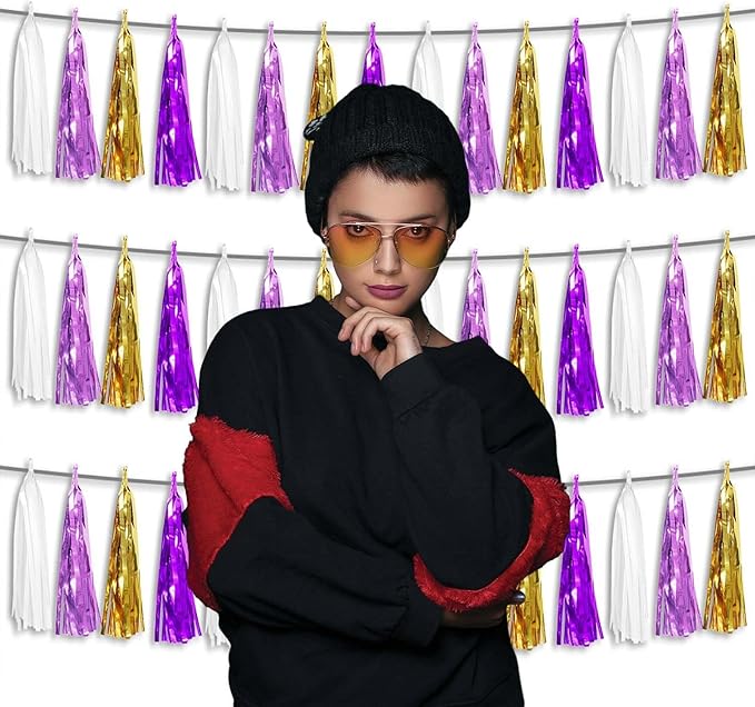 3P Metallic Fringe Tassel Banner Garland Foil Tinsel Streamer Wall Hanging Curtain Backdrop Banner for Parade Floats, Graduation, Carnival Mardi Gras Party Decorations(Gold Purple)