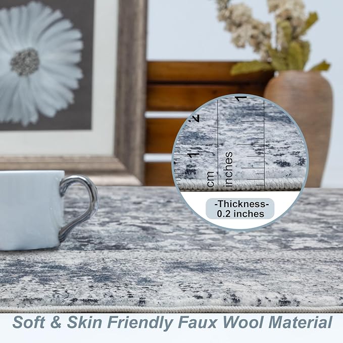 Area Rug 6×9, Large Vintage Boho Rug,Ultra-Soft Low Pile, Washable, Non Slip,Stain Resistant, Printed Carpet for Living Room Bedrooms Playroom Office Kitchen, Solid/Grey