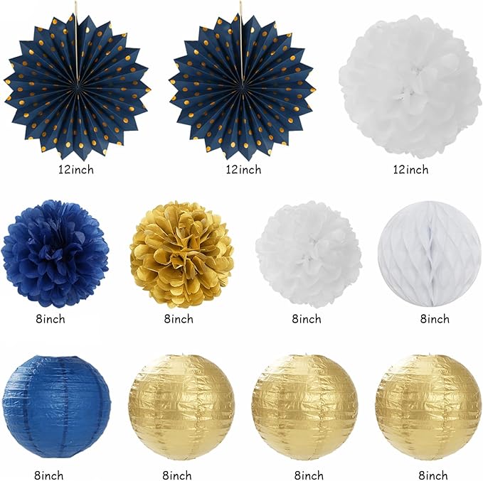 Navy-Blue White Gold Birthday Party-decorations - 21pcs Men Boys Adult Happy Banner Garland, Royal Paper Streamers Lanterns,Flower Tissue Pom Poms Fan Supplies, Wall Backdrop Decor Huglony