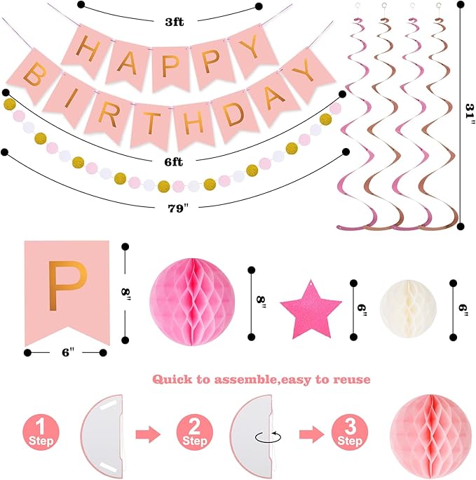 meowtastic Birthday Decorations, Happy Birthday Banner with Honeycomb Balls, Stars Hanging Swirls Streamers, Circle Dots Garland, Happy Birthday Party Decorations for Women Men Boys Girls (Pink)