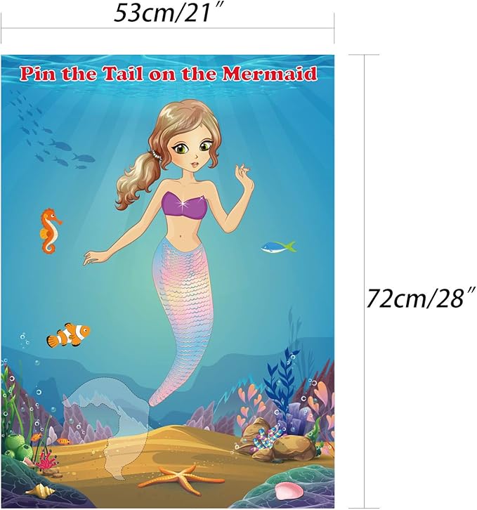 FEPITO Mermaid Party Supplies Pin The Tail on The Mermaid Party Game with 24Pcs Tail Stickers for Kids Birthday Party
