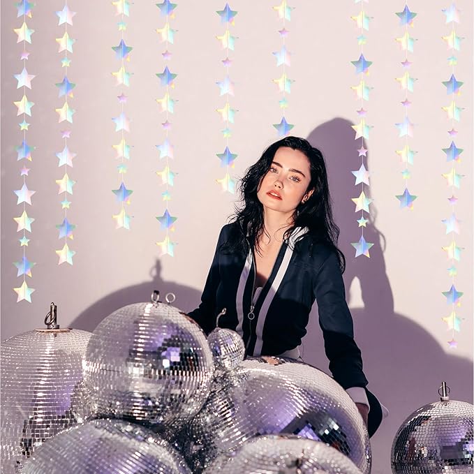Iridescent Disco-Holographic Party-Decorations Christmas Garland - 62ft Twinkle Little Star Streamers Hanging Banner,Wedding Birthday Bachelorette Baby Bridal Shower Decor Hugtmr