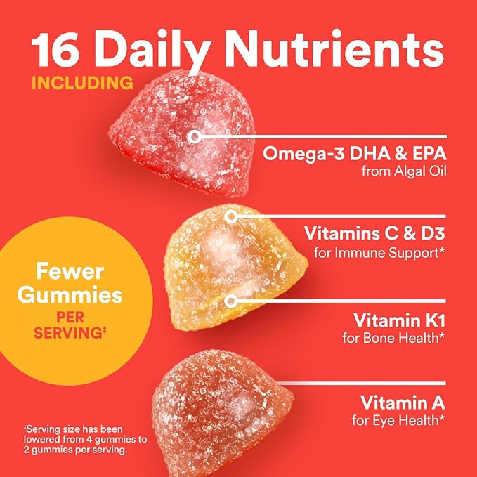 SmartyPants Kids Multivitamin Gummies - Improved Formula: Omega 3 (DHA/EPA), Vitamins D3, C, B12, B6, Vitamin A, K & Zinc, Gluten Free, Three Fruit Flavors, 80 Count (40 Day Supply)