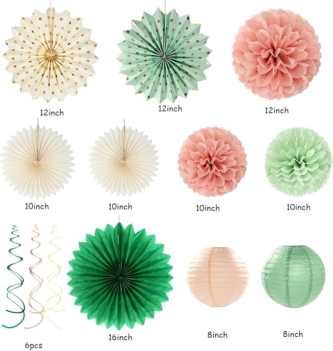 Sage-Olive Green Pink-Beige Boho Party-Decorations - 33pcs Birthday Streamers Tassel Garland,Banner Tissue Pom Poms,Paper Lantern Fans,Rustic Neutral Wedding Baby Bridal Shower Engagement Decor Hugtmr