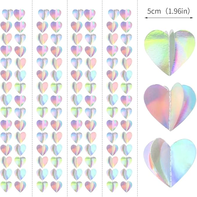Iridescent Disco-Holographic Party-Decorations Heart-Garland - 39Ft Neon Wedding Hanging Paper Streamers Banner,Birthday Bachelorette Baby Bridal Shower Engagement Decor Ouruola