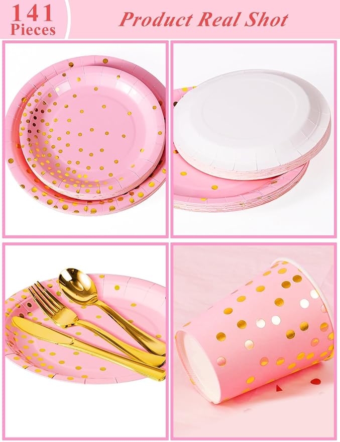 141 Pieces Pink and Gold Party Supplies, Disposable Party Decorations Sets Include Paper Plates Napkins Cups, Plastic Forks Knives Spoons, for Baby Shower Birthday Wedding -20 Guests