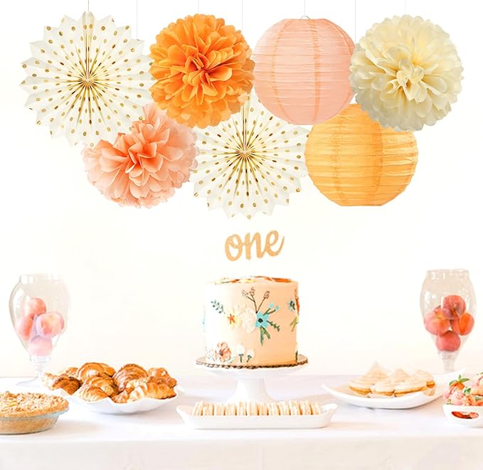 Beige-Orange Peach Fall-Boho Hanging Party-Decorations - 20pcs Autumn Friendsgiving Baby Shower Paper Lanterns Fans,Tissue Pom Poms,Honeycomb Balls,Thanksgiving Wedding Bridal Birthday Decor Burgleda