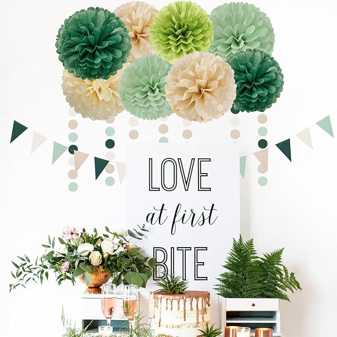 Sage-Olive Green Champagne-Gold Party Decorations - 30pcs Rustic Boho Wedding Paper Tissue Pom Poms Streamers,Tassel Garland Banner,Birthday Baby Bridal Shower Engagement Decor Lasting Surprise