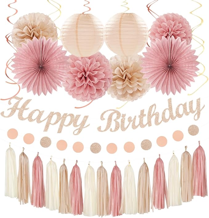 Blush-Pink Champagne Beige Happy-Birthday Party-Decorations - 31pcs 15th Women Girls Paper Lanterns Streamers Banner,Rose Gold Tissue Flowers Pom Poms Fans Tassels Graland Decor Supplies Hugmoon