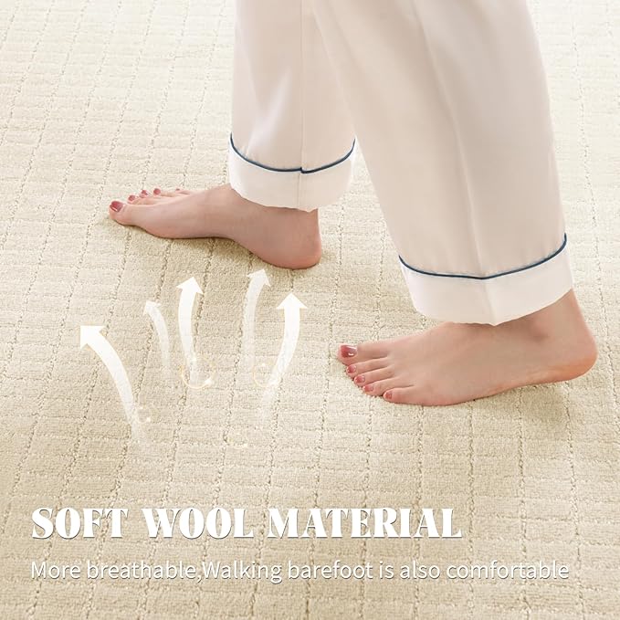 Shilucheng Wool Rug 4x7 Ft, 80% New Zealand Wool& 20% Cotton Rugs for Living Room, Bedroom, Soft Low Pile Area Rug 100% Cotton Non-Slip Backing Large Area Rug (Beige/White)