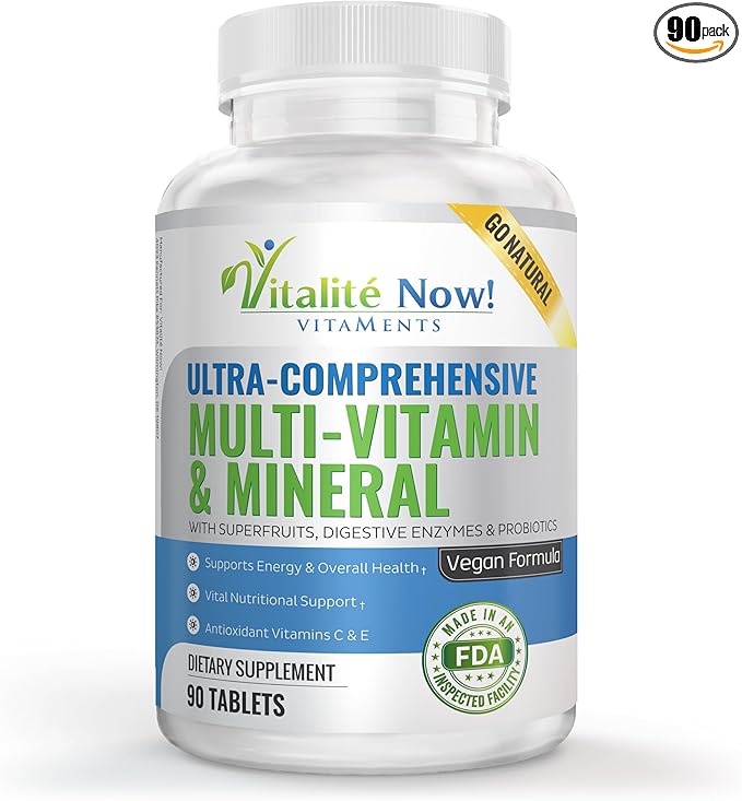 Vegan Whole Food Multivitamin & Mineral - Vitamins A B1 B2 B6 B12 C D3 E & 110 Super Foods, Herbs, Greens & Reds - Enzymes & Probiotics for Immune Support - Energy Boost - 90 Tablets