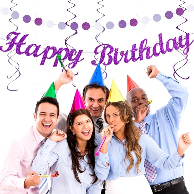 Purple Lilac-Lavender White Women Birthday Party-Decorations - 21pcs Happy Banner,Paper Lanterns,Tissue Pom Poms Flower Fan,Honeycomb Ball,Hanging Streamers Garland, Girls Decor Supplies Huglony