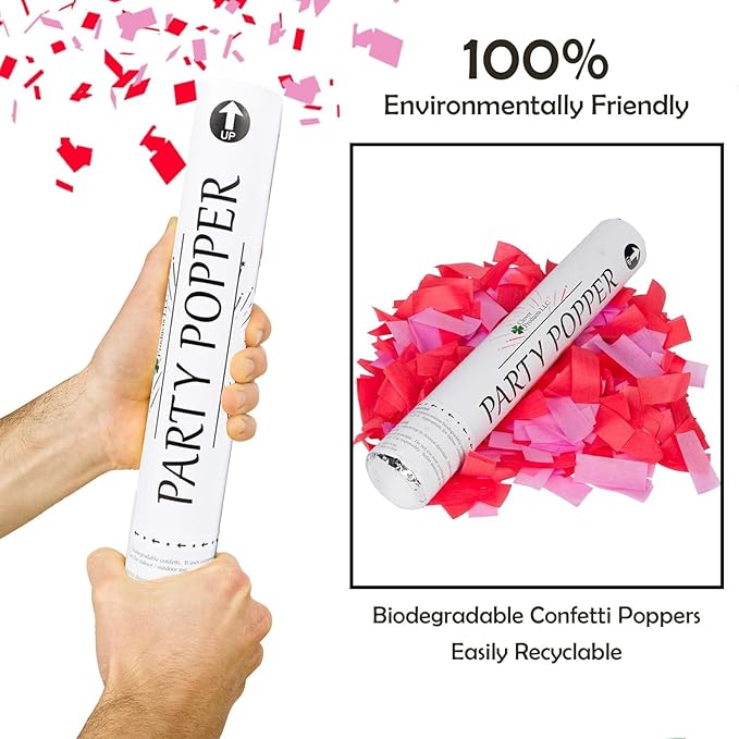 Clover Products 12" Biodegradable Confetti Poppers | 6 Pack | Red & Pink Poppers for Weddings, Birthdays & Events | Air-Powered, Safe & Easy to Use | Shoots 25 Feet for Indoor & Outdoor Celebrations