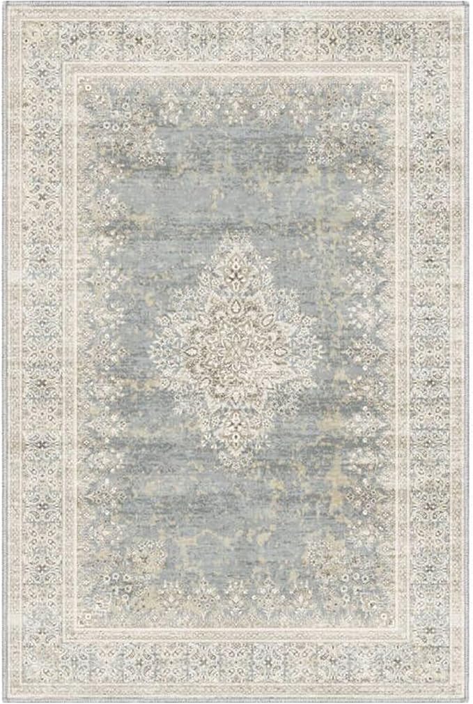 2x3 Entryway Rug Non-Slip Washable Thin Indoor Vintage Rug Low-Pile Floor Carpet for Entrance Bedroom Kitchen Bathroom Beige Grey