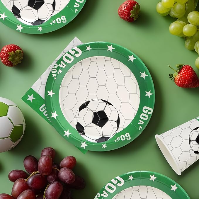 96pcs Party Plates Soccer Tableware Set Green and White Kid's Birthday Paper Plates Round for 24 Guests Disposable Table Supplies Picnic Soccer Party (Include Plates, Cups and Napkins)
