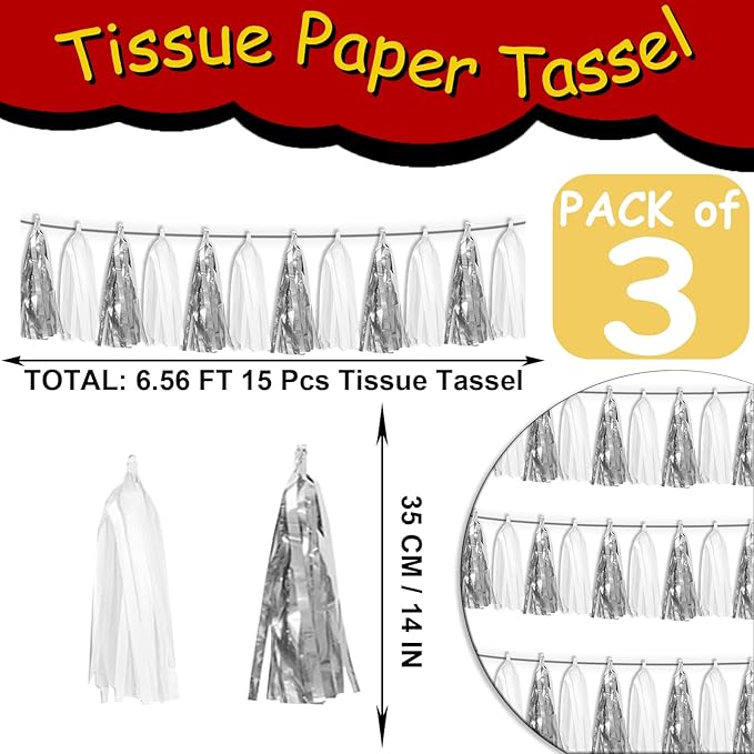 3P White Silver Metallic Fringe Tassel Banner Garland Foil Tinsel Streamer Wall Hanging Curtain Backdrop Banner for Parade Floats, Graduation Bridal/Baby Shower Retirement Party Decorations