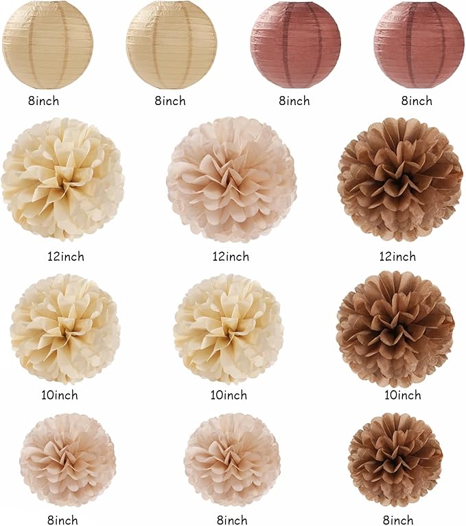 Boho Baby-Shower White-Brown Champagne Party-Decorations - 20pcs Neutral Rustic Paper Lanterns Fans,Tissue Pom Poms,Honeycomb Balls,Bunting,Birthday Wedding Bridal Christmas Fall Autumn Decor Burgleda