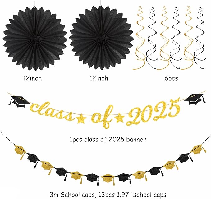 Black-Gold 2025 Class-Congratulations Graduation Party-Decorations - 22pcs High School College Grad Prom Supplies Decor, Tissue Pom Poms Streamers, Paper Flowers Lanterns Hugmoon