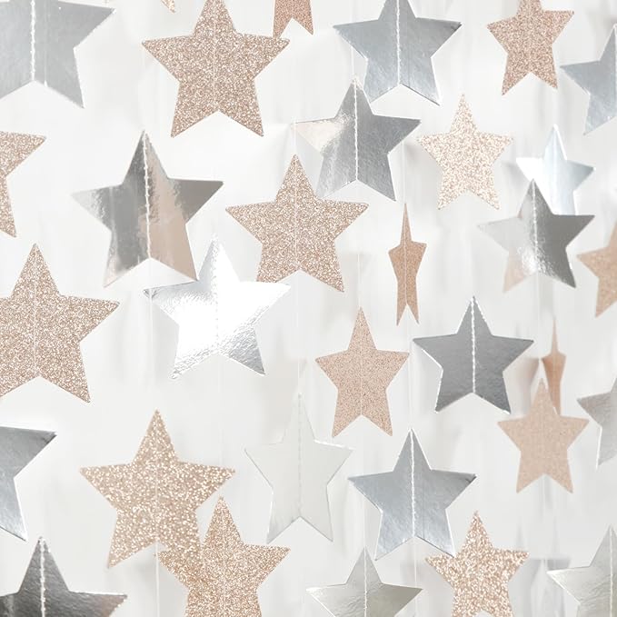 Champagne Glitter-Silver Party-Decorations Birthday Garland - 62ft Twinkle Little Star Hanging Streamers Banner,Boho Wedding Bridal Baby Shower Disco Christmas Bachelorette Engagement Decor Hugtmr