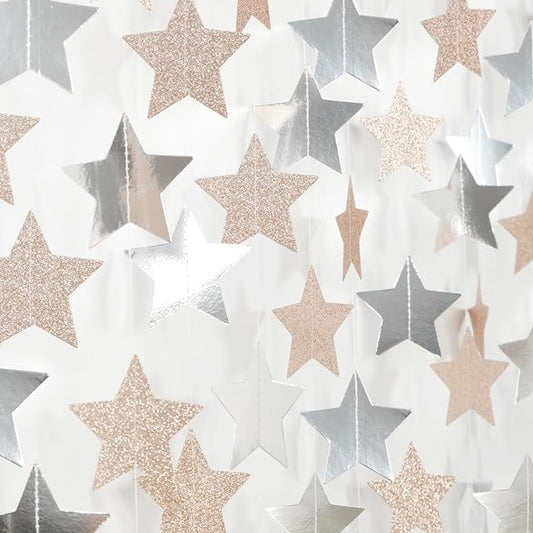 Champagne Glitter-Silver Party-Decorations Birthday Garland - 62ft Twinkle Little Star Hanging Streamers Banner,Boho Wedding Bridal Baby Shower Disco Christmas Bachelorette Engagement Decor Hugtmr