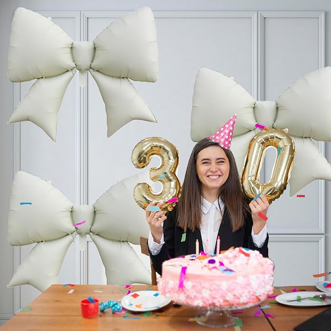 FBQ 3 Pcs Giant White Bow Foil Balloons Bow Themed Birthday Party Anniversary Bachelorette Party Girls Boy Party Decorations Supplies