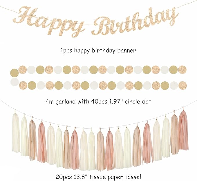 Champagne-Gold Beige 21st Happy-Birthday Party-Decorations - 31pcs Sweet 16 18th Women Girls Paper Lanterns Streamers Banner,Tissue Pom Poms Fans Tassels Graland Decor,Fall Boho Rose Backdrop Hugmoon