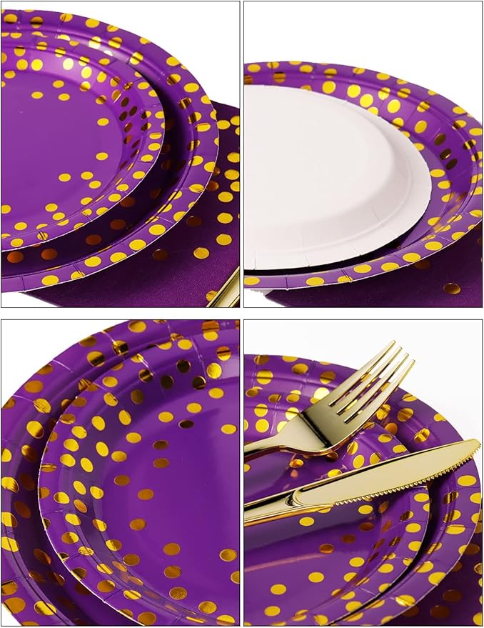 141 Pieces Purple Gold Party Supplies, Disposable Party Decorations Sets Include Paper Plates Napkins Cups, Plastic Forks Knives Spoons, for Baby Shower Birthday Wedding -20 Guests