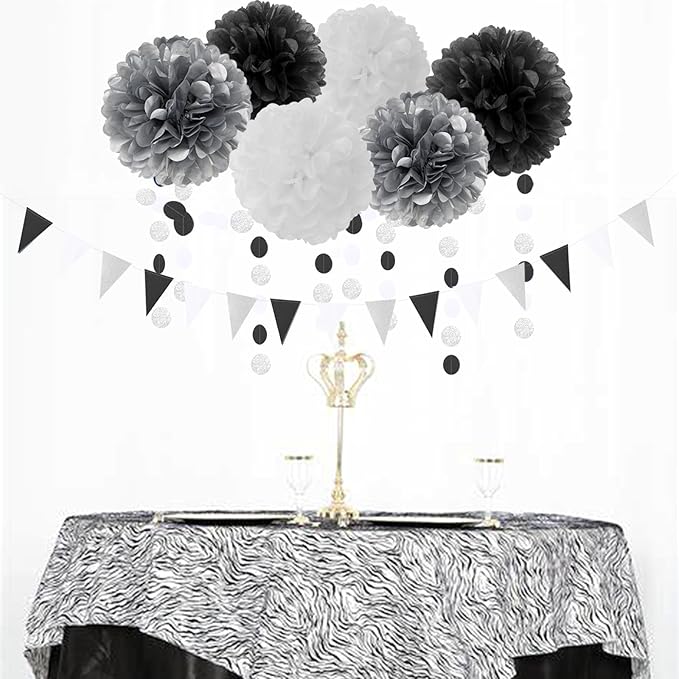 Black White Silver Party-Decorations Streamers - 23pcs Tissue Pom Poms, Graduation Men Boys Birthday Tassel Garland Banner,Wedding Baby Bridal Shower New Years Decor Lasting Surprise