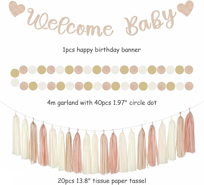 Champagne-Gold Beige Fall Baby-Shower Party-Decorations - 36pcs Welcome Home Banner Sign,Neutral Paper Lanterns,Girl Streamers Garland,Boho Hanging Tissue Pom Poms Flowers Fans Backdrop Decor Burgleda