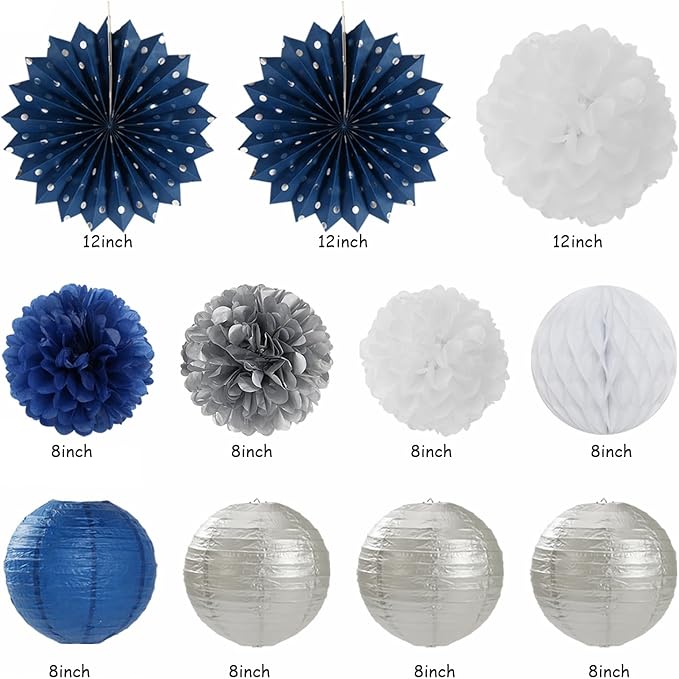 Navy-Blue White Sliver Birthday Party-decorations - 21pcs Men Boys Adult Happy Banner Garland, Royal Paper Streamers Lanterns,Flower Tissue Pom Poms Fan Supplies, Wall Backdrop Decor Huglony