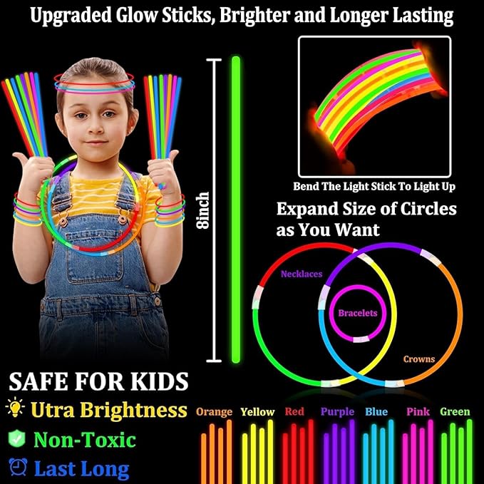 TURNMEON 960 Pack Ultra Bright New Year Eve Party Supplies Glow Sticks Bulk Party Pack Glow In The Dark Party Supplies Favors Glow Sticks Necklaces Bracelets with Connector 8" Glow stick Light Up