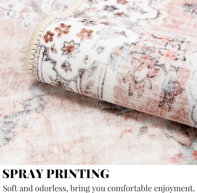 MUJOO 9'x12' Area Rug - Large Pink Boho Washable Non Slip Blush Pink Big Carpet Floral Flowers