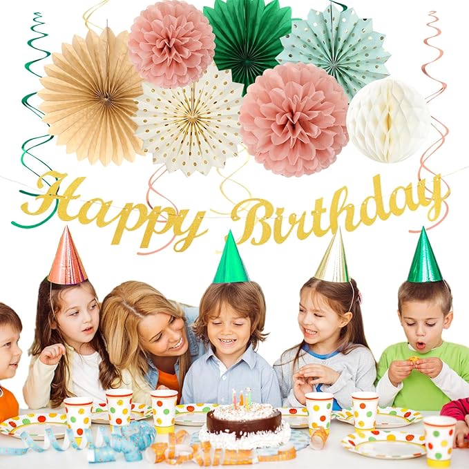 Sage-Green Pink-Gold Boho-Rustic Birthday Party-Decorations - 21pcs Happy Banner,Olive Retro Beige Paper Lanterns Pom Poms,Neutral Streamers Garland,Women Girls Decor Supplies Huglony