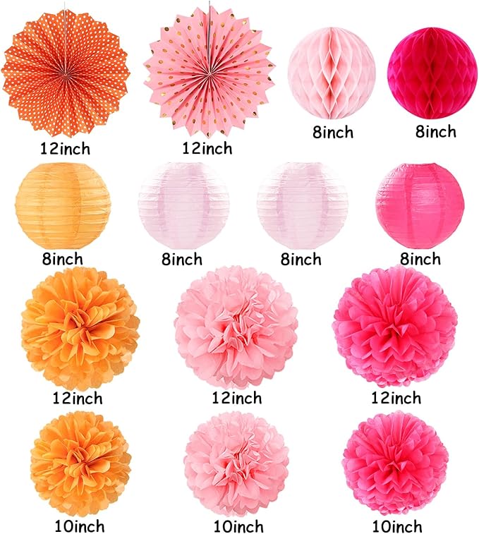 Hot-Pink Burnt-Orange Party-Decorations Streamers Lanterns - 14pcs Fall Birthday Baby Shower Paper Honeycomb Fan,Tissue Pom Poms, Autumn Thanksgiving Bridal Wedding Graduation Decor Ouruola