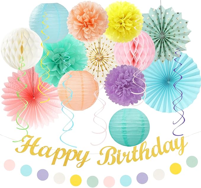 Pastel-Rainbow Classroom Girls Birthday Party-Decorations - 21pcs Happy Banner Decor, Colorful Paper Streamers Lanterns,Tissue Pom Poms Fan,Hanging Honeycomb Garland, Two Sweet Easter Supplies Huglony