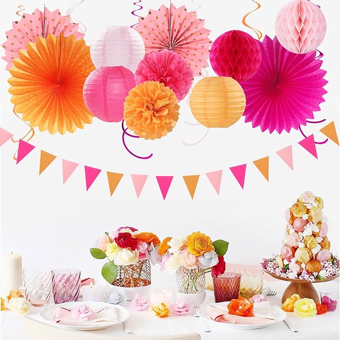 Pink-Orange Fall Party-Decorations Paper-Flowers Lanterns - 20PCS Autumn Wedding Birthday Tissue Pom Poms Streamers Fans Honeycomb, Groovy Boho Baby Shower Rustic Hanging Supplies Decor Burgleda