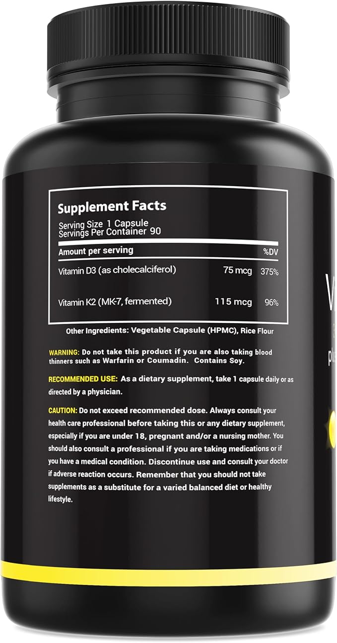 Vitamin D3 K2 3000 IU - with Vitamin K as MK-7 from Natto - High Potency Vitamin D Supplement Support Healthy Bones, Teeth, Heart & Immune Function, Gluten-Free - 90 Capsules