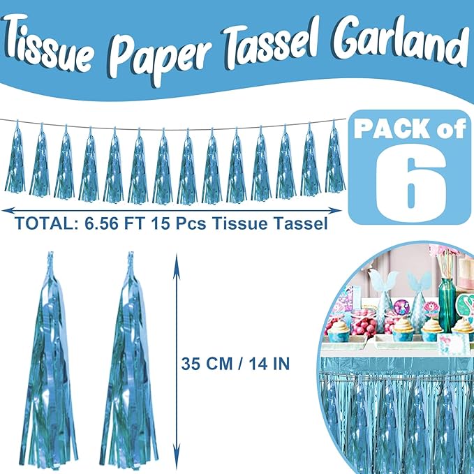 6P Light Blue Foil Fringe Metallic Tassel Streamers Banner Tassel Garland for Parade Floats, Bachelorette, Wedding, Birthday, Graduation, Christmas, Bridal/Baby Shower Party Decorations