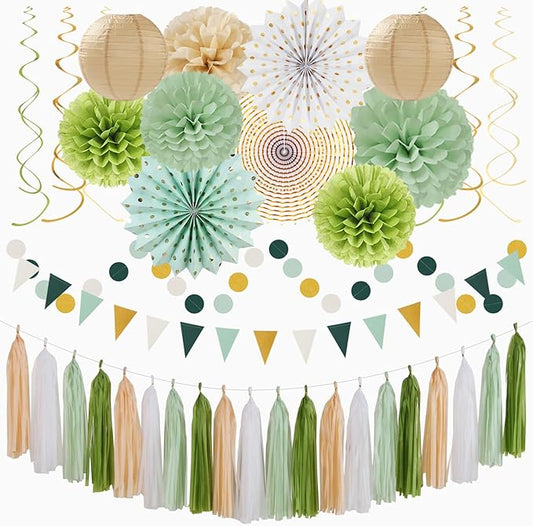 Sage-Olive Green Gold Brown Boho Party-Decorations - 33pcs Paper Lanterns Fan, Banner,Streamers Tassel Garland,Tissue Pom Poms,Baby Bridal Shower Birthday Wedding Bachelorette Engagement Decor Hugtmr
