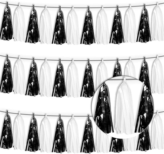3P Black White Foil Fringe Tassel Banner Metallic Tinsel Streamer Garland Wall Curtain Backdrop for Parade Floats, Graduation, Halloween, Christmas, Father's Day Party Decorations
