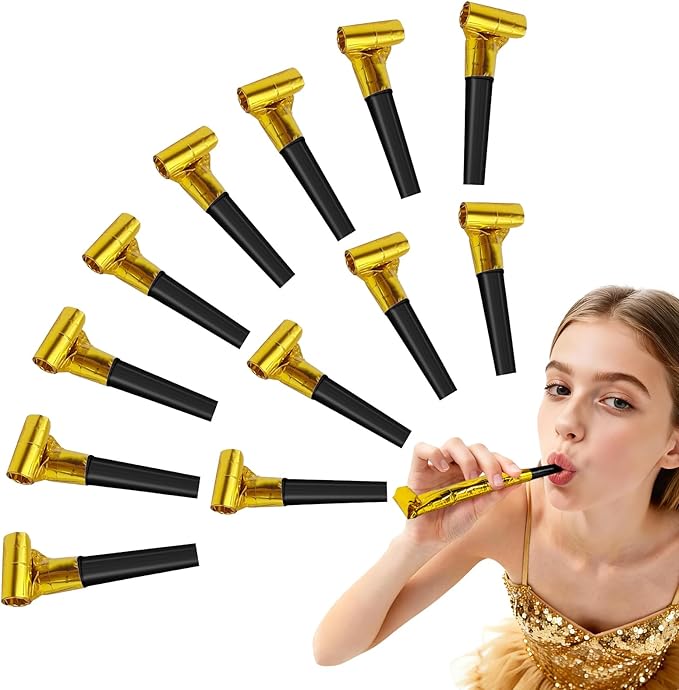 New Years Eve Party Supplies 2026-12-Pack Mini Gold Party Blowers | Extends to 9 Inches with 2.5 Inch Handle | Fun Noisemakers & Whistles for Birthday, Celebration Favors & Kids Party