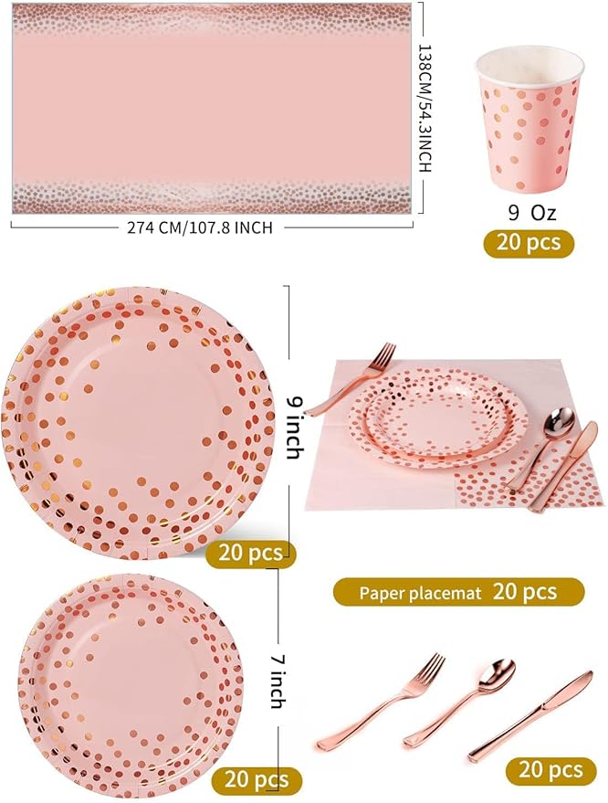 141 Pieces Pink and Rose Gold Party Supplies, Disposable Party Decorations Sets Include Paper Plates Napkins Cups, Plastic Forks Knives Spoons, for Baby Shower Birthday Wedding -20 Guests