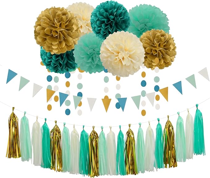 Teal-Blue Mint Beige-Gold Party Decorations - 30pcs Rustic Wedding Tissue Pom Poms Streamers,Tassel Garland Banner,Women Birthday Bachelorette Engagement Party Decor Bunting Lasting Surprise