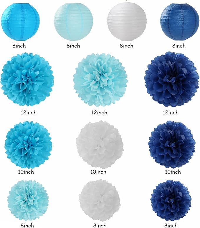Light-Royal Navy-Blue White Party-Decorations - 20pcs Boy Baby Shower Paper Lanterns Fans,Tissue Pom Poms,Honeycomb Balls,Birthday Bachelorette Bridal Wedding Under The Sea Frozen Decor Burgleda