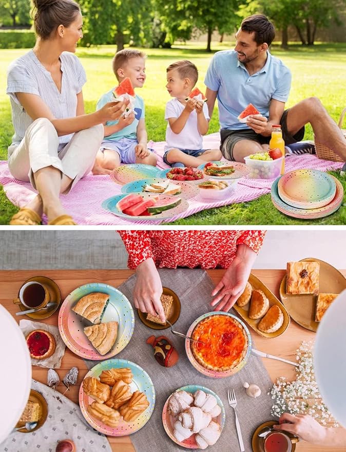 141 Pieces Rainbow Gold Party Supplies, Party Dinnerware Sets Include Paper Plates Napkins Cups Silverware, for Wedding Bridal Shower Engagement Birthday Parties Decoration -20 Serves