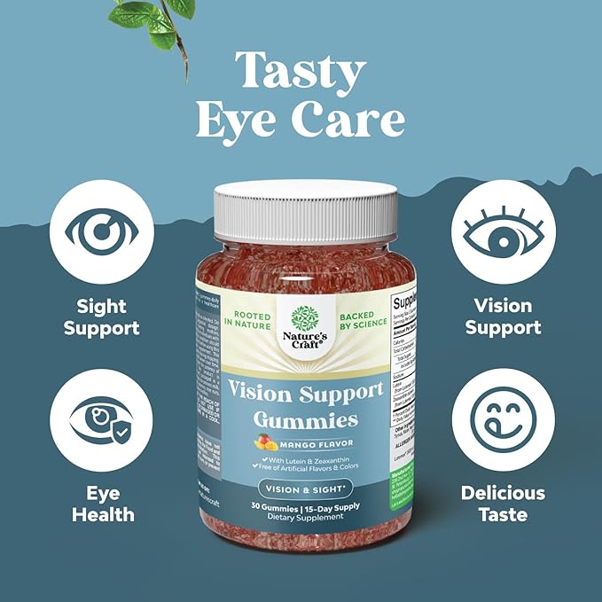 Vision Support Gummies for Adults - Lutein and Zeaxanthin Supplements for Eye Health - Potent Lutein Eye Vitamins for Blue Light Protection Dryness Strain Support & Visual Sharpness - 30 Count