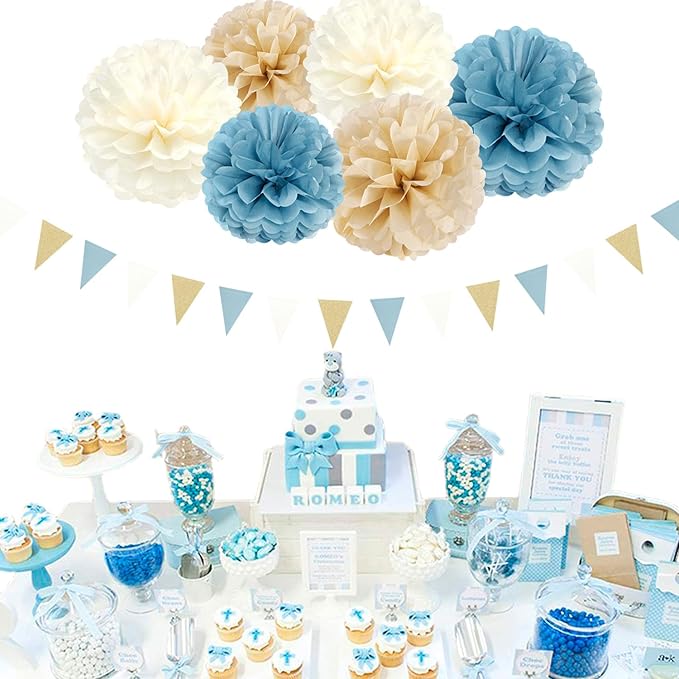 Light-Dusty Blue Beige-Champagne Boho Party Decorations - 23pcs Baby Bridal Shower Tissue Pom Poms Streamers,Women Girls Birthday Tassel Garland Banner,Bachelorette Wedding Decor Backdrop Ouruola