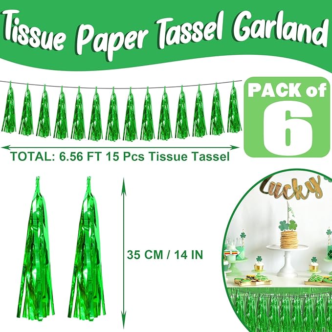 6P Green Foil Fringe Metallic Tassel Streamers Banner Tassel Garland for Parade Floats, Bachelorette, Wedding, Birthday, Graduation, Christmas, Bridal/Baby Shower Party Decorations